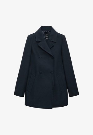 Manteau à double boutonnage bleu marine avec larges revers, deux poches avant et manches longues, en tissu texturé.