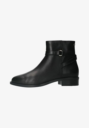 Black leather ankle boots featuring a round toe, low block heel, and an adjustable strap with a buckle detail on the side. Smooth texture.