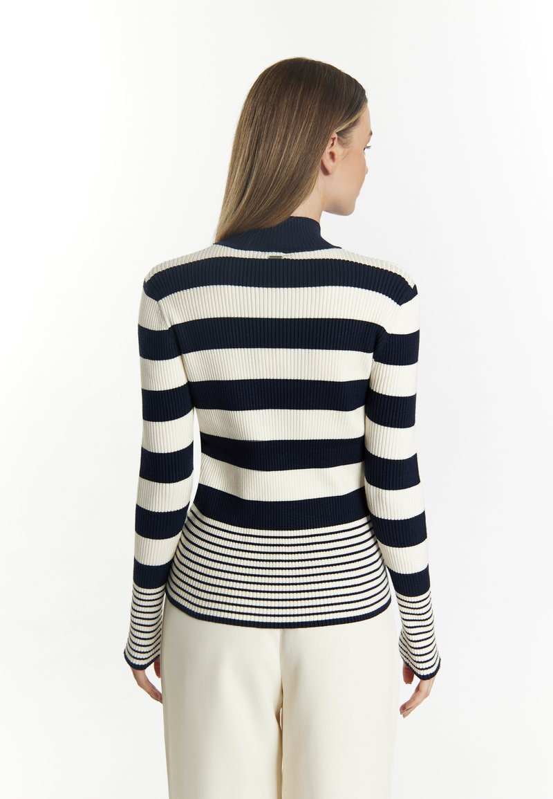 Gestreifter, navy-weißer, gerippter Pullover mit hohem Kragen, figurbetontem Schnitt und langen Ärmeln, der abwechselnd breite und schmale Streifen aufweist.