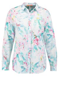 Lange mouwen button-up shirt van een lichtgewicht stof met een bloemenpatroon in aqua, roze en gele tinten. Klassiek kraagontwerp.