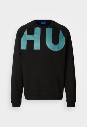 Sweatshirt preta com um grande logótipo "HU" em turquesa suave na frente. Feita de tecido macio com punhos e gola canelados.
