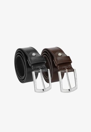 Zwei aufgerollte Leder Gürtel, einer schwarz und einer braun, jeweils mit einer silbernen rechteckigen Schnalle und einem metallischen Druckknopfdetail.