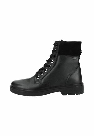 Black leather high-top boot with lace-up front, padded collar, and durable rubber sole, shown from the outer side.