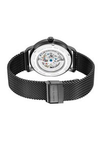 Reloj de acero inoxidable con una correa de malla negra, que presenta un fondo de caja transparente que muestra los mecanismos internos y acentos coloridos.