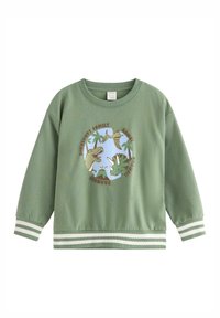 Grøn sweatshirt med et rundt dinosaur grafik. Har ribbede mansjetter og kant i hvide og lys grønne striber. Blødt bomuldsstof.