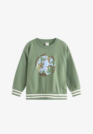 Sweatshirt vert avec un graphique de dinosaure rond. Comprend des poignets et un ourlet côtelés en rayures blanches et vert clair. Matériau en coton doux.