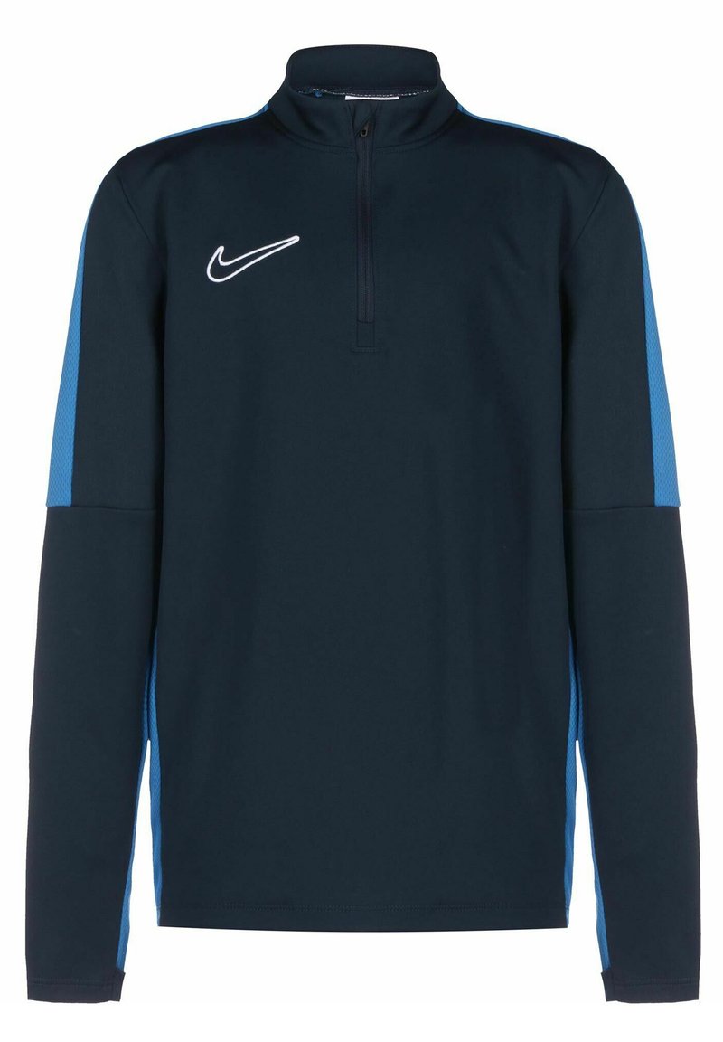 Laivastonsininen puolivetoketjullinen collegepaita pitkillä hihoilla, jossa on siniset korostuspaneelit sivuilla, teksturoitu kangas ja valkoinen Nike-logo rinnassa.