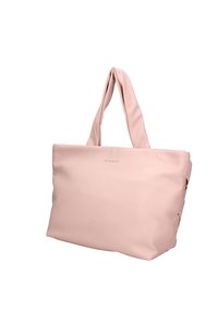 Borsa a tracolla rosa con finitura liscia opaca, dotata di manici lunghi e dettagli del logo discreti su un lato.