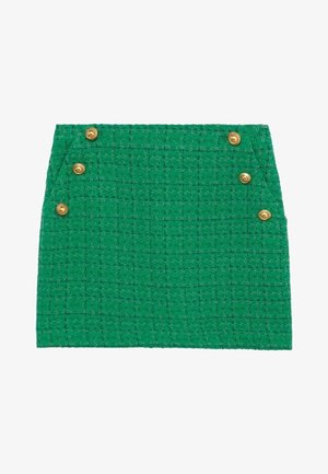 Jupe en tweed vert avec un motif texturé, des boutons dorés sur le côté et une coupe droite.