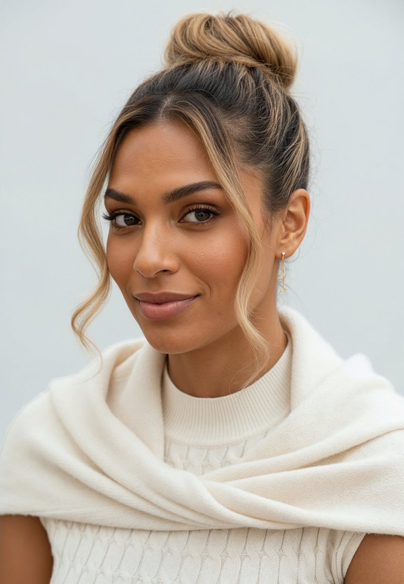 Pull en tricot blanc avec un col montant, drapé d'un léger châle beige. Présente des vagues lâches dans les cheveux et de délicates boucles d'oreilles en forme d'étoile en or.