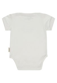 White short-sleeve bodysuit made of cotton, featuring a round neckline and snap closures at the bottom for easy dressing. Brand label on the side.