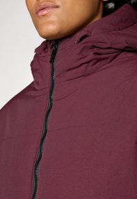 Veste bordeaux à col montant et capuche, avec une fermeture éclair noire et des détails de couture, fabriquée dans un tissu lisse et léger.