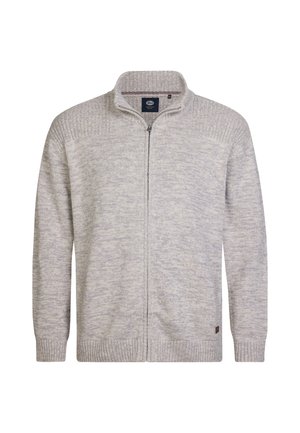 Hellgrauer Reißverschluss-Pullover aus strukturiertem Strickstoff mit subtilen Mustern, ausgestattet mit einem Stehkragen und gerippten Bündchen.