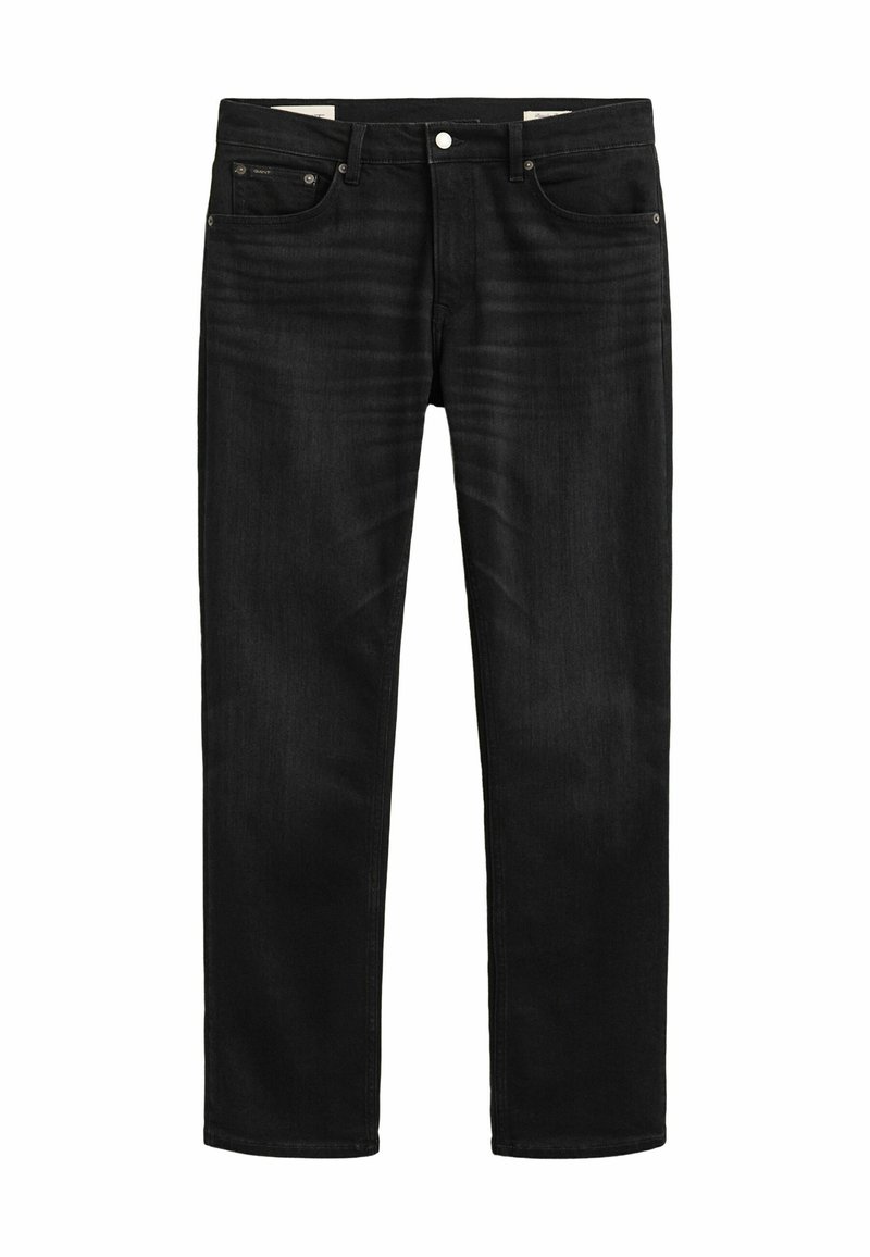 Jean noir à jambes droites avec poches avant, passants de ceinture et fermeture à bouton argenté, présenté à plat sur fond blanc.