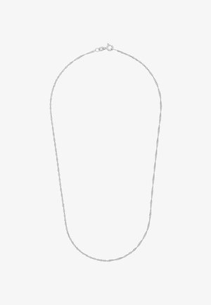 Srebrny łańcuszek w plecionym wzorze z małymi ogniwami, z karabińczykiem i gładką powierzchnią. Projekt jest delikatny i lekki.