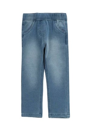 Niebieskie spodnie dla maluchów z elastycznym pasem i przednimi kieszeniami, wykonane z miękkiego denimu z wyblakłymi miejscami na nogawkach.