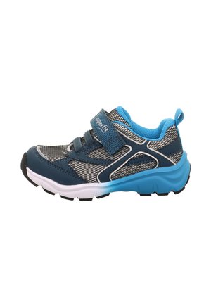 Child's blue and gray athletic shoe with mesh fabric, hook-and-loop strap, and cushioned sole shown in side profile.