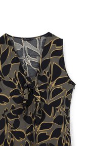 Ärmelloses Kleid in Dunkelgrau mit einem abstrakten schwarzen und goldenen Blumenmuster, das ein gebundenes Vorderdetail und einen V-Ausschnitt aufweist.