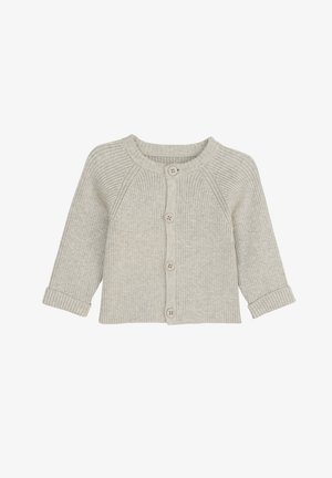 Lichtgrijze gebreide cardigan met ribbelstructuur, lange mouwen, ronde hals en vijf knopen aan de voorkant. De manchetten zijn omgeslagen en ribbelachtig.