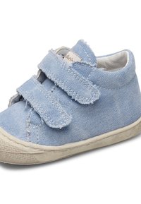 Sneaker in tela blu chiaro con due cinturini regolabili in Velcro, fodera interna bianca e suola in gomma testurizzata con segni di usura.