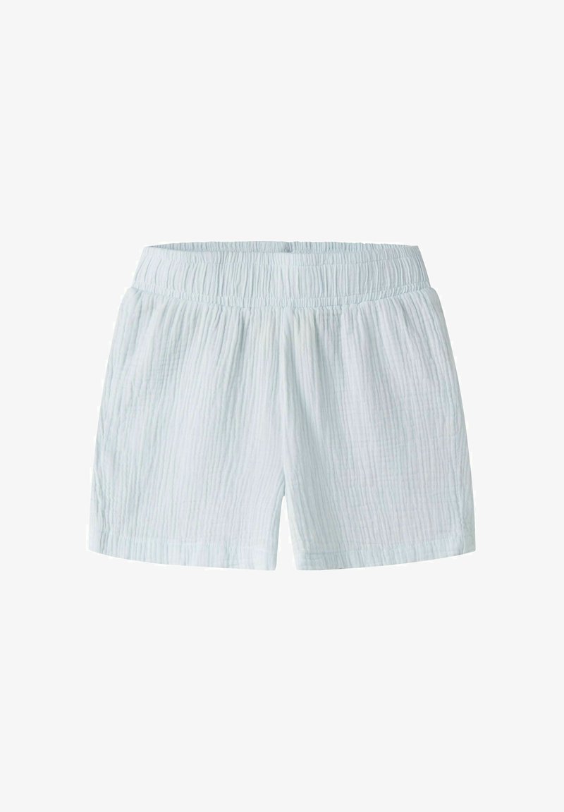 Shorts en tissu texturé bleu clair avec taille élastique et coupe décontractée, adaptés à un usage quotidien.