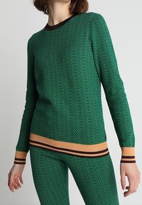 Grüner Strickpullover mit Zickzackmuster, langen Ärmeln, braunem Rundhalsausschnitt und kontrastierendem geripptem Saum mit orangen und braunen Streifen.