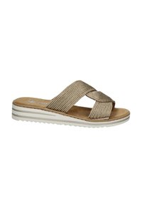 Strappy slide sandals with a woven beige upper and a cushioned insole. Features a ridged white outsole and an open toe design.