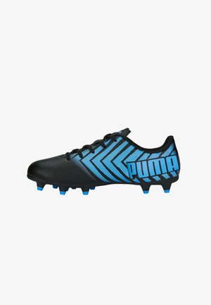 Scarpe da calcio nere e blu con tomaia sintetica, motivo a strisce zigzag e sei tacchetti blu sulla suola.