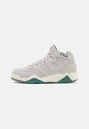 Gray suede high-top sneaker with white midsole and teal accents. Features perforated side design, lace-up front, and cushioned collar.