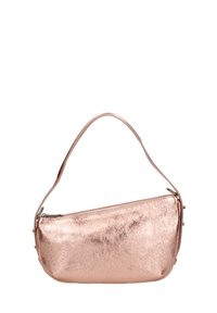 Borsa a spalla in rosa dorato metallico con una singola tracolla, chiusura con zip e una superficie liscia e lucida. Presenta dettagli hardware minimi.