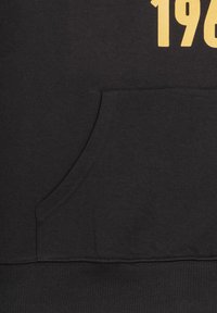 Čierna mikina s kapucňou, predná vačková kapsa, rebrované manžety a lem; žltý text "196" potlačený na hrudi. Mäkčená bavlnená látka.