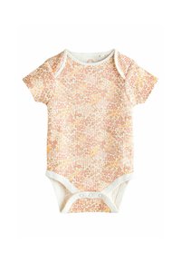 Kurzärmliger Body aus strukturiertem Stoff mit einem floralen Muster in sanften Pfirsich- und Cremetönen, mit Druckknopfverschluss am Boden.