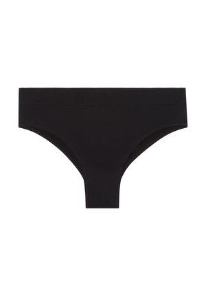 Mustat puuvillabikinit, joissa on sileä rakenne, leveä vyötärönauha ja klassinen leikkaus. Yksinkertainen muotoilu, ilman kuvioita tai koristeluja.