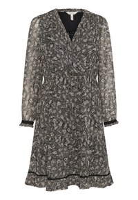 Zwart-witte bloemenprint jurk, lange mouwen, v-hals, elastische taille, gerimpelde zoom, kantaccenten bij de manchetten en zoom. Lichtgewicht stof.