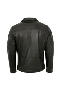 Schwarze Lederjacke mit flachem Kragen, enganliegenden Ärmeln und einer Detailverarbeitung im Rückenbereich. Glatte Textur mit minimalen hardware Akzenten.