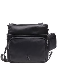 Borsa a tracolla nera in nylon con molteplici tasche con zip, logo in gomma, cinturino regolabile e texture liscia e resistente.