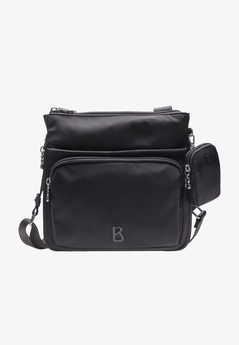 Borsa a tracolla nera in nylon con molteplici tasche con zip, logo in gomma, cinturino regolabile e texture liscia e resistente.