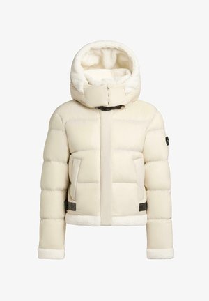 Cremfarbener Puffer-Jacke mit einer weichen, fleecegefütterten Kapuze, zwei frontseitigen Taschen und schwarzen Akzenten an den Taschen, Bündchen und dem Reißverschluss.