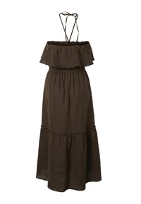 Robe longue marron sans manches avec volant aux épaules dénudées, taille élastique, jupe à étages et fines bretelles croisées.