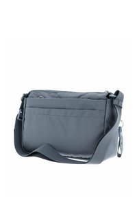 Graue Umhängetasche mit strukturiertem Oberflächen, Reißverschluss, verstellbarem Schultergurt und einer Vordertasche. Kompakte rechteckige Form.