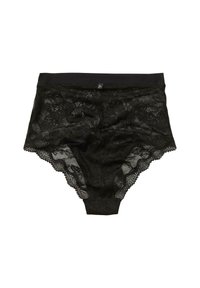 Schwarze Spitzen-Hipster-Unterwäsche mit einem glatten Bund, floralem Muster und gewellten Kanten für zusätzliche Textur und Detail.