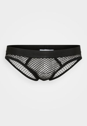 Culotte en mesh noir avec un motif hexagonal, taille élastique et coupe sportive. Tissu léger et respirant.