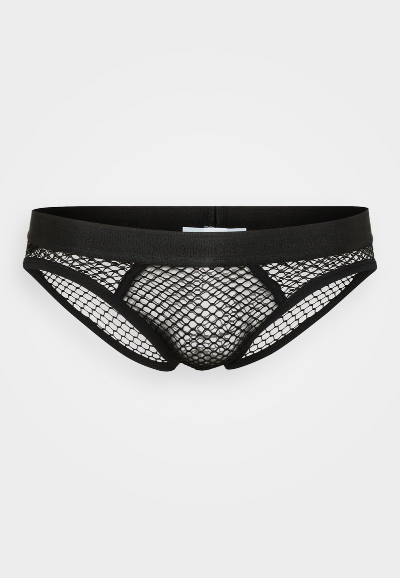 Schwarze Mesh-Unterhosen mit einem hexagonalen Muster, elastischem Bund und sportlichem Schnitt. Leichtes und atmungsaktives Material.