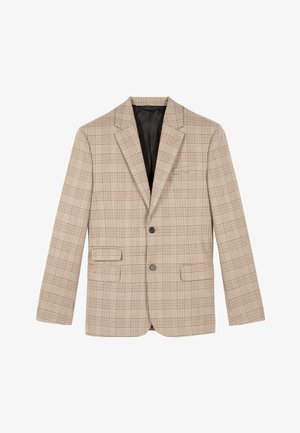 Beige blazer met ruitpatroon en gegolfde revers, twee voorzakken, sluiting met één knoop en zwarte voering. Verstelbare pasvorm.