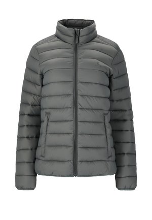 Grå puffjacka med hög krage, horisontell quiltad design, frontdragkedja och två sidofickor. Slät tygkvalitet.