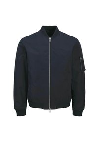Bunda typu bomber v námořnickém odstínu, se zipem vpředu, žebrovanými manžetami a kapsou na levém rukávu. Hladká textilie a klasický design.
