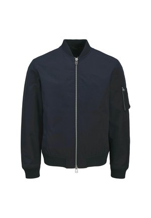 Bomberjacka i marinblått tyg, med en framtill dragkedja, ribbade ärmslut och en ficka på vänster ärm. Slät textur och klassisk design.