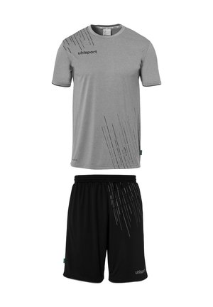 Gray athletic shirt with black accents and diagonal line patterns, paired with black shorts featuring similar design elements.