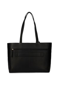 Zwarte leren tote bag met twee lange handvatten, gestructureerde vorm, voorzak met rits en een textuurafwerking. Geen zichtbare logo's of versieringen.