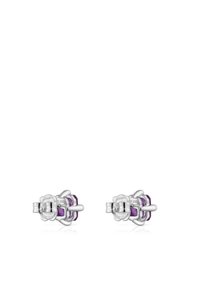 Orecchini d'argento con un design floreale e una pietra di accento viola, finitura lucida e chiusura sicura.